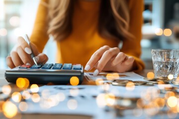 A person in a yellow sweater using a calculator to manage finances, with coins scattered on a desk, representing budgeting and financial planning.