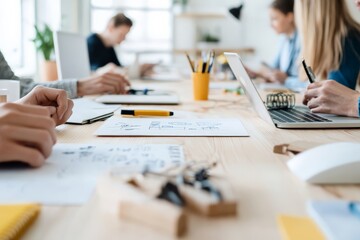 A modern office setting where individuals work collaboratively, focusing on graphic design projects and creative ideas, surrounded by tools of the trade.