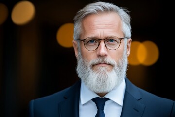 A distinguished man with a white beard and glasses wearing a suit, exemplifying wisdom and sophistication with a blurred background of warm lights.