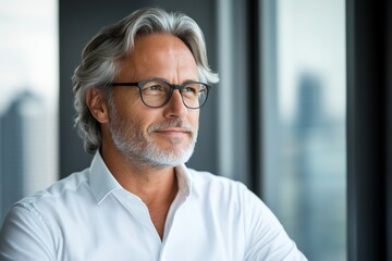 A distinguished elder man with gray hair and eyeglasses looks thoughtfully into the distance, reflecting wisdom and experience from years past.