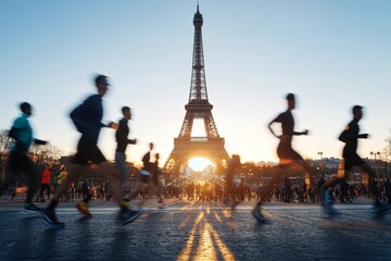 Motion-blurred runners dash in the foreground while the Eiffel Tower stands gracefully illuminated by the setting sun, embodying energy and iconic beauty.