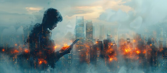 Silhouette of a person holding a tablet in front of a burning city.