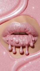 Fototapeta premium Close-Up of Glossy Pink Lips Covered in Shimmering Liquid, with Glossy Pink Background