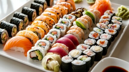 A refreshing platter of assorted sushi rolls including rainbow rolls, dragon rolls, and spicy tuna rolls