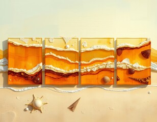 Decorative resin art panels with swirling amber and turquoise patterns for modern coastal-inspired decor