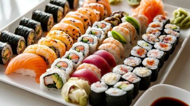 A refreshing platter of assorted sushi rolls including rainbow rolls, dragon rolls, and spicy tuna rolls - Powered by Adobe