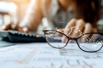 Image of glasses resting on documents focusing on statistical charts, with an abstract network design overlay, representing analysis and modern technology interaction.