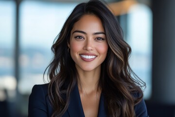Fototapeta premium An elegant woman in a stylish blazer smiles confidently, sitting in a bright, modern office environment, representing professionalism and optimism.