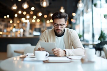 A man in a cozy cafe setting intently views a digital tablet, capturing the essence of modern technology use in relaxing, social environments.