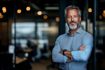 Fototapeta premium A silver-haired man with a friendly smile stands confidently with crossed arms in a dimly lit office, showcasing wisdom and leadership in a business environment.