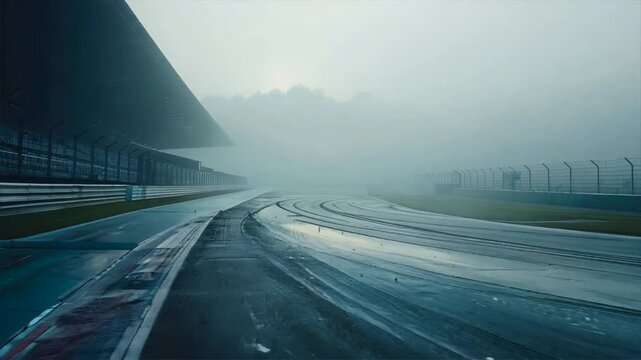 Misty race track landscape shrouded in fog reveals empty curves on wet asphalt, igniting anticipation and speed in heart of motorsport enthusiasts.