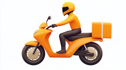 Delivery person riding an orange scooter with a cargo box. 3D illustration isolated on white background.