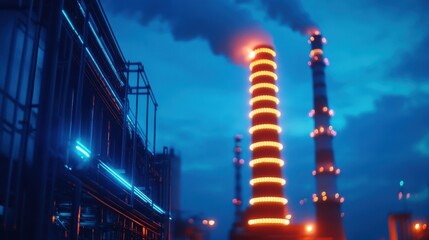 Obraz premium Illuminated industrial pipes at night with smoke.