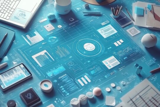 A blue table with a laptop, a tablet, a cell phone, a cup, a pen, a pencil, a bottle, a bowl, a cup, a book, and a mouse