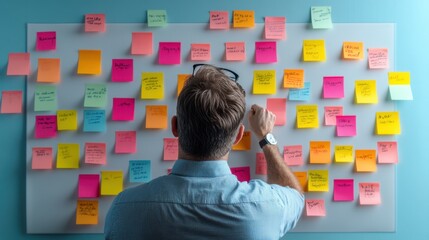 Man brainstorming with sticky notes on board in office. Strategy planning and organization concept