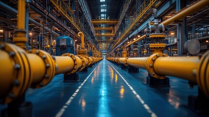 A long and wide gas pipeline with yellow pipes in the factory infrastructure for industrial building