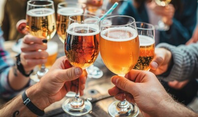 Group of friends toasting with glasses of beer at a table. Social gathering and celebration concept.