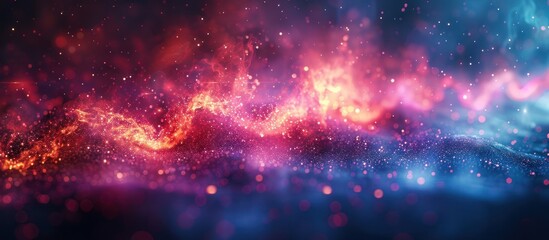 Naklejka premium Abstract cosmic background with red, pink and blue colors, blurry lights and sparkling stars.