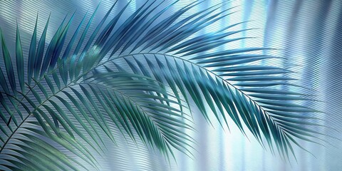 Obraz premium Green palm with reeded glass. White Reeded Glass. Zen-inspired empty design with realistic blank space. Ribbed Background. Summer concept with blurred luxury wall. Plant leaves.