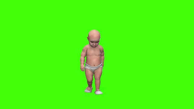 4k Animation of a Cute baby boy in white napi cartoon slow walking animation with a front view on the green screen background, 3d rendering of a little kid learning walk loop on the chroma key