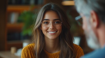 Young woman smiling during a conversation in a cozy cafe setting.