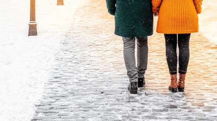 Cozy couple walking in snowy winter wonderland on cobblestone path