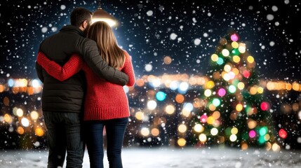 Romantic christmas couple embracing in snowy winter wonderland at night