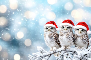 Festive owls in santa hats perched on snowy branch with bokeh background
