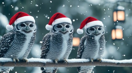 Festive owls in santa hats perched on snowy branch with falling snowflakes