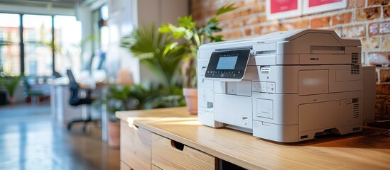 A modern, white printer sits on a wooden desk in an office, with a brick wall in the background and a window with a blurry view of the city behind it.