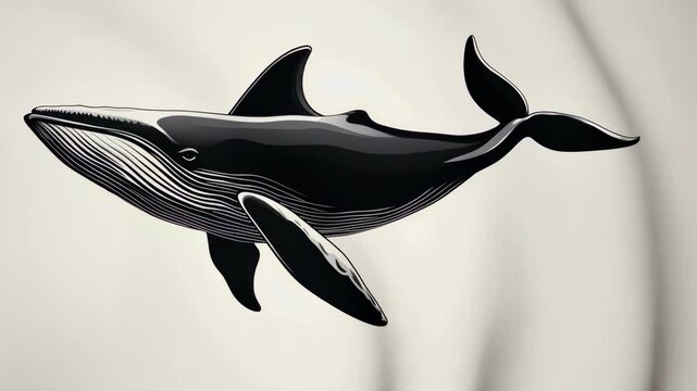 A black and white illustration of a whale swimming in the ocean