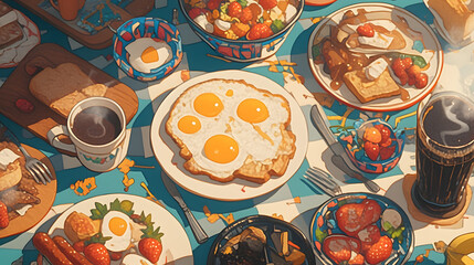 Vibrant Breakfast Table Spread with Fried Eggs, Toast, Fruit, Coffee, and Various Dishes in a Colorful, Sunlit Setting