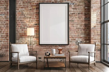 Two arm chairs in a living room with a blank painting on the wall