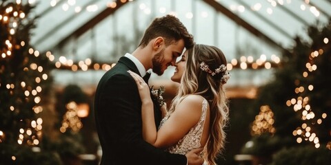 Romantic wedding couple embracing in enchanting indoor garden setting - Powered by Adobe