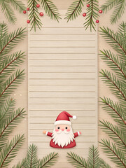 Fototapeta premium Santa Claus with open arms surrounded by pine branches on a festive letter template with copy space