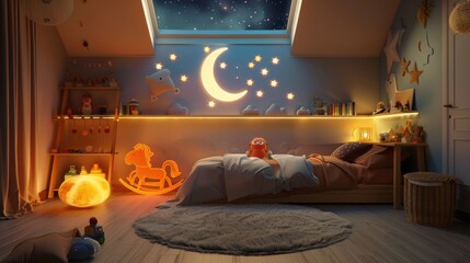 kids room with toys and lighted moon white and orange themed with stars on ceiling