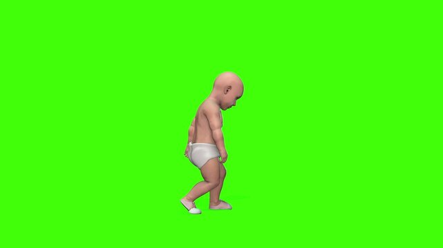 4k Animation of a Cute baby boy in white napi cartoon slow walking animation with a cycle view on the green screen background, 3d rendering of a little kid learning walk loop on the chroma key
