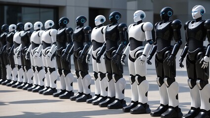  Row of Humanoid Robots with Black and White Armor |  robots, humanoid, black, white, AI, automation, technology, futuristic, android, cyber, robotics, machine, uniform, line, innovation, tech, robota