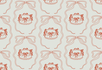 Seamless pattern with wedding cakes and ribbons. Vintage vector background in coquette aesthetic. Holiday cakes and bow ribbons illustration in sketch style