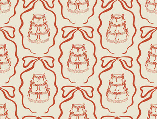 Retro seamless pattern with wedding cakes with red ribbons. Vector background with cakes in bow frames. Vintage coquette aesthetic