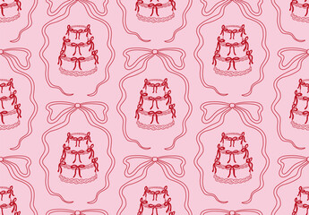 Retro seamless pattern with wedding cakes in ribbon frames. Vector background with cakes and bows. Vintage coquette aesthetic