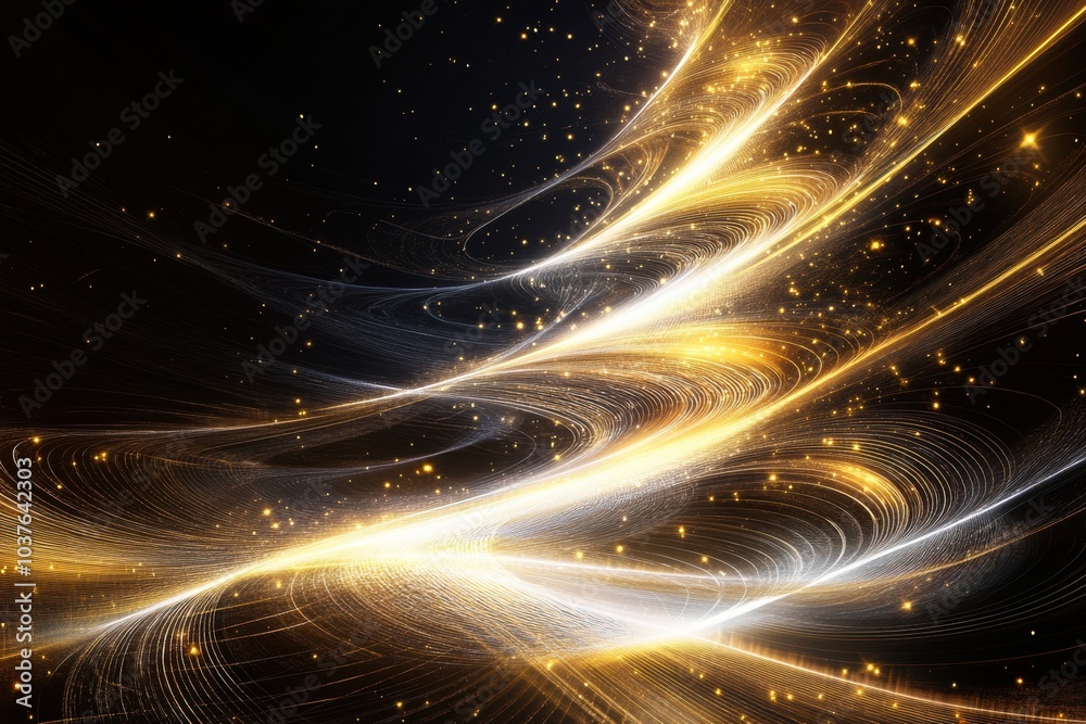 Poster A mesmerizing abstract design captures the essence of a Christmas tree using flowing lines and glowing lights against a dark backdrop. Generative AI