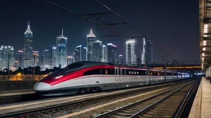 Obraz premium High speed train at station and blurred city