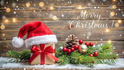 Christmas greeting card with Christmas hat, fir and gift as banner, wooden background, snowflakes