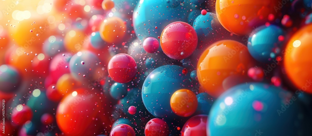 Poster abstract background of colorful shiny spheres with bokeh lights.