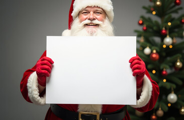 Naklejka premium santa claus holding white rectangular sheet, space for text, christmas mockup
