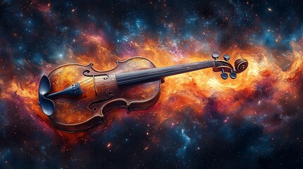 Fototapeta premium A violin with a fiery finish rests against a backdrop of swirling nebulae, evoking a sense of cosmic music.