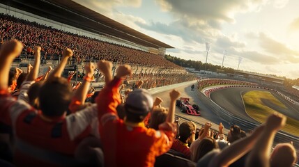 A racing event capturing the excitement of fans cheering from the grandstand.