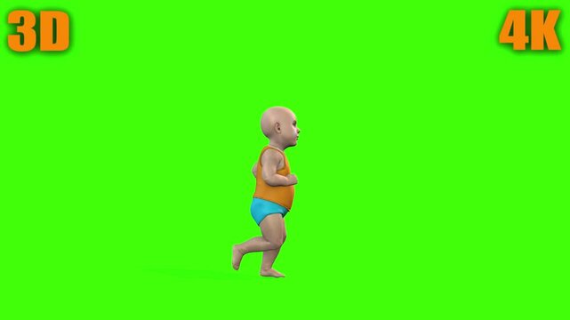4k Animation of a Cute baby boy cartoon in blue napi running animation with a cycle side view on the green screen background, 3d rendering of a little kid in a diaper jogging loop on the chroma key
