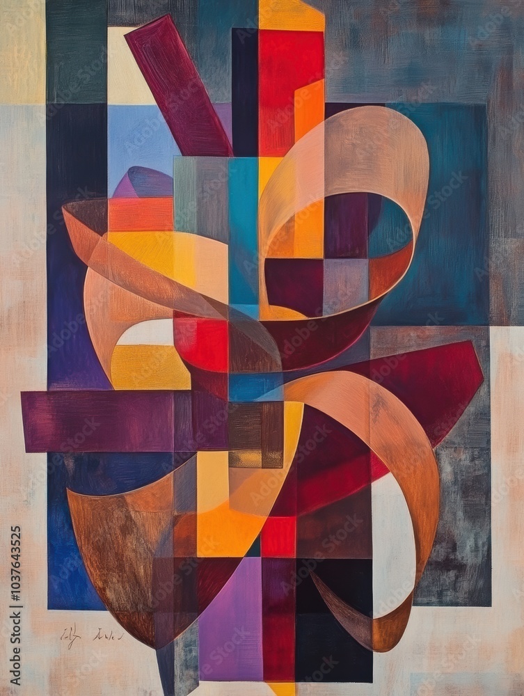Poster an arrangement of abstract shapes resembling gift boxes, ribbons, and bows showcases a colorful and 